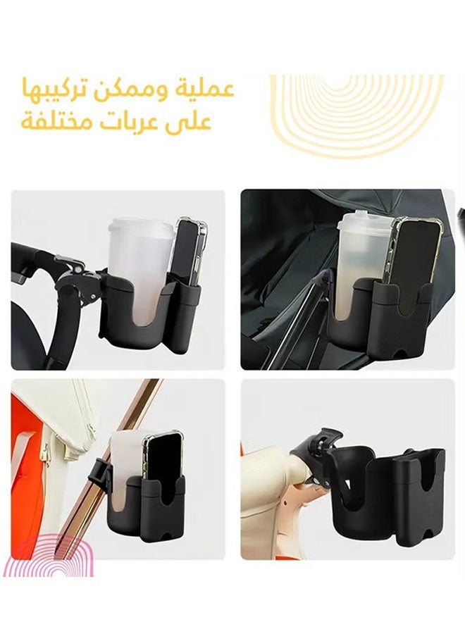 Universal Cup and Phone Stroller Holder, 2 in 1 Clip On Drink Mount with 360° Rotation for Stroller, Bike, Wheelchair, Walker, Scooter and Bicycle, Pram Drink Bottle Storage Rack, Black - Image 4